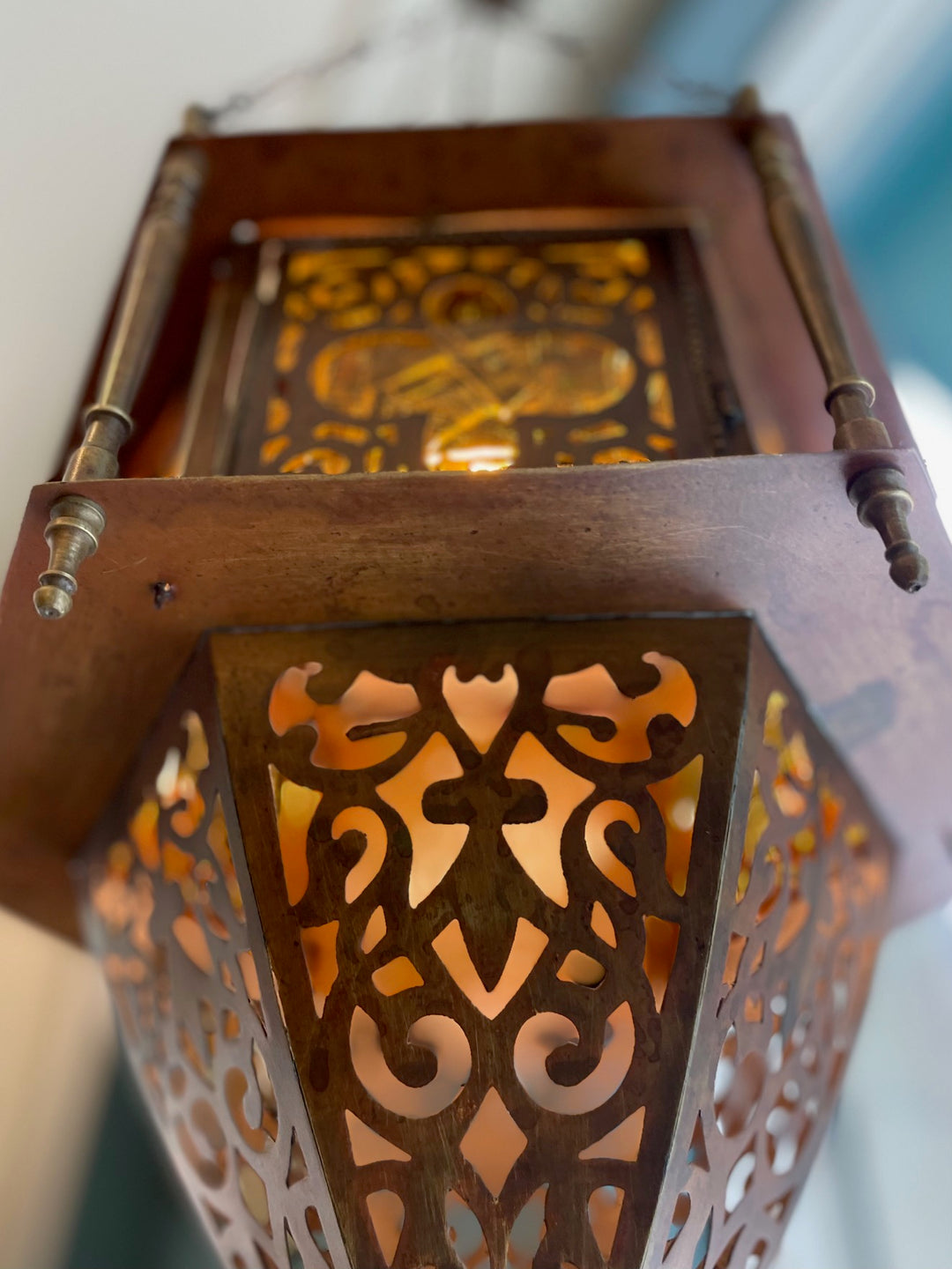 Vintage Moroccan Lantern w/ Amber Glass Panels