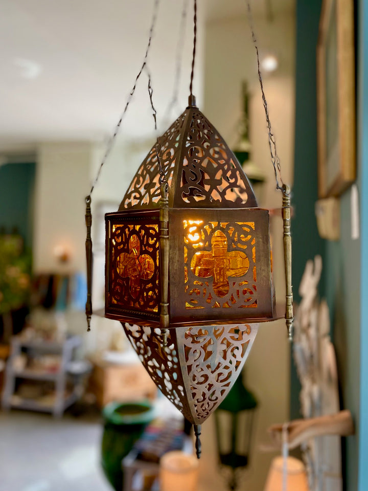 Vintage Moroccan Lantern w/ Amber Glass Panels