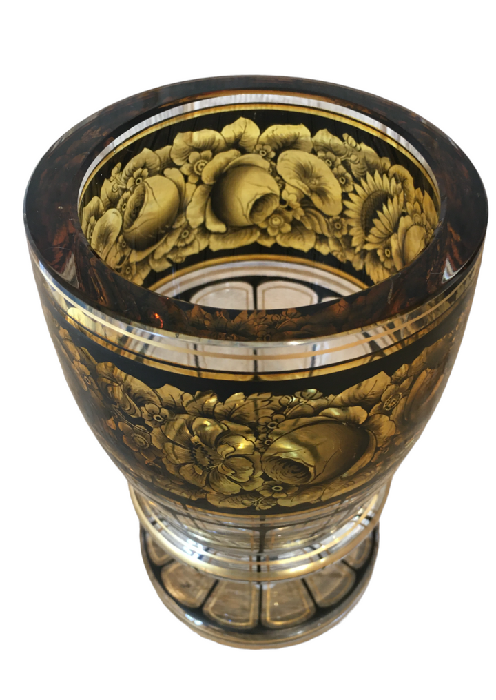 Antique Heavy Crystal Vase with Decorative Black + Gold Detail