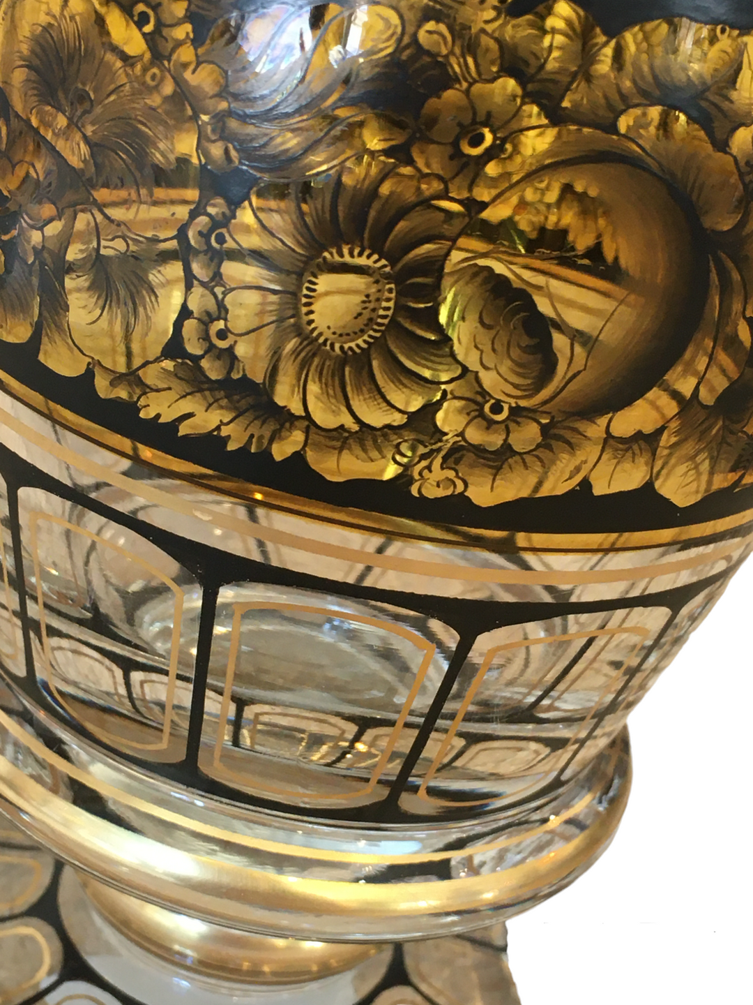 Antique Heavy Crystal Vase with Decorative Black + Gold Detail