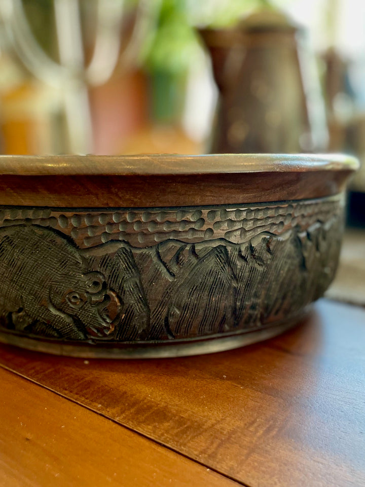 Vintage Dark Exotic Wood Bowl with a Hand Carved Design Surround