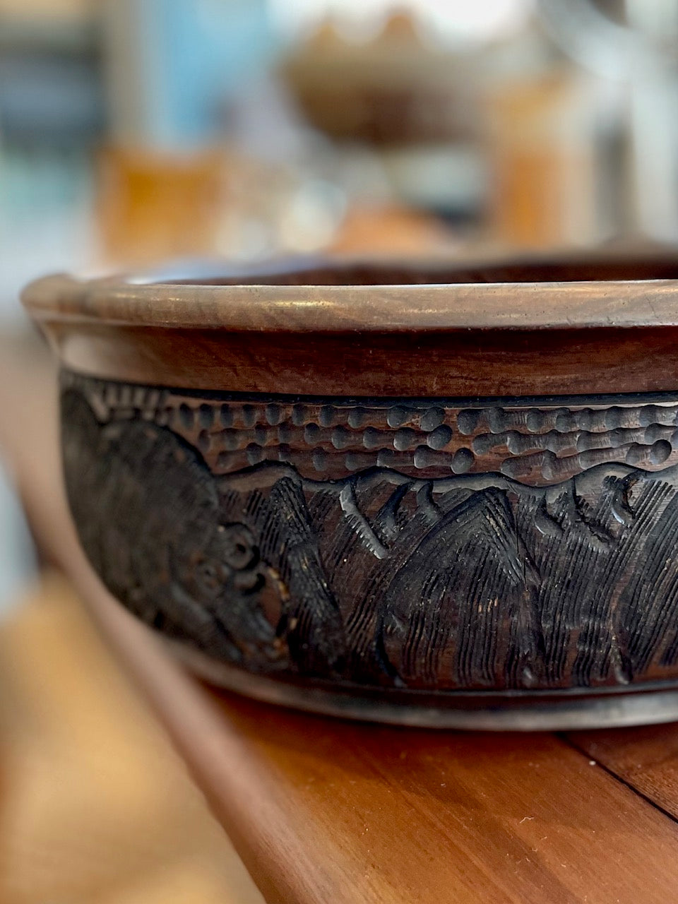 Vintage Dark Exotic Wood Bowl with a Hand Carved Design Surround