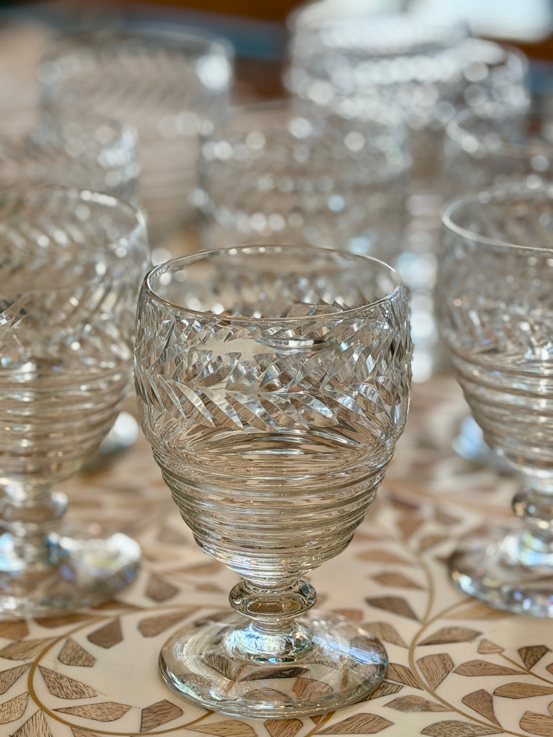 Vintage Etched Glass Footed Drinking Glasses | Set of 12