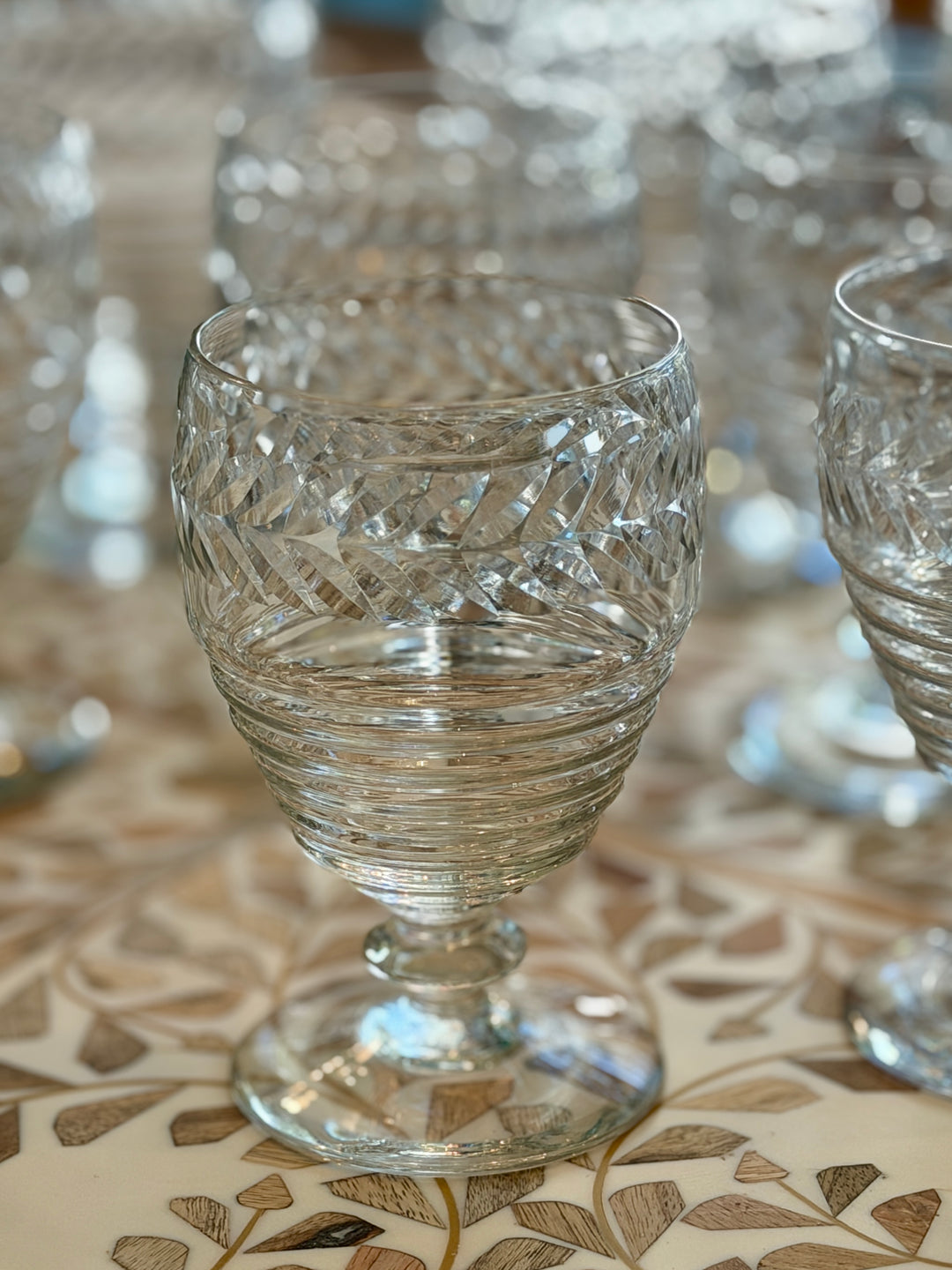 Vintage Etched Glass Footed Drinking Glasses | Set of 12