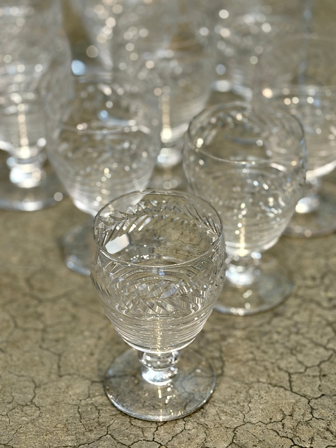 Vintage Etched Glass Footed Drinking Glasses | Set of 12