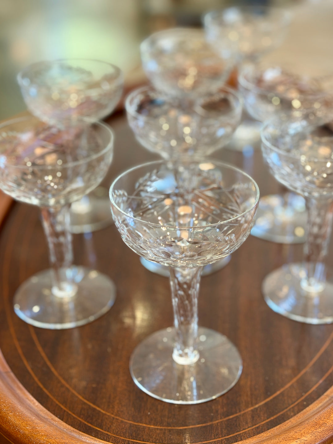 Antique Etched Crystal Champagne Coupes w/ Hollow Stems | Set of 8