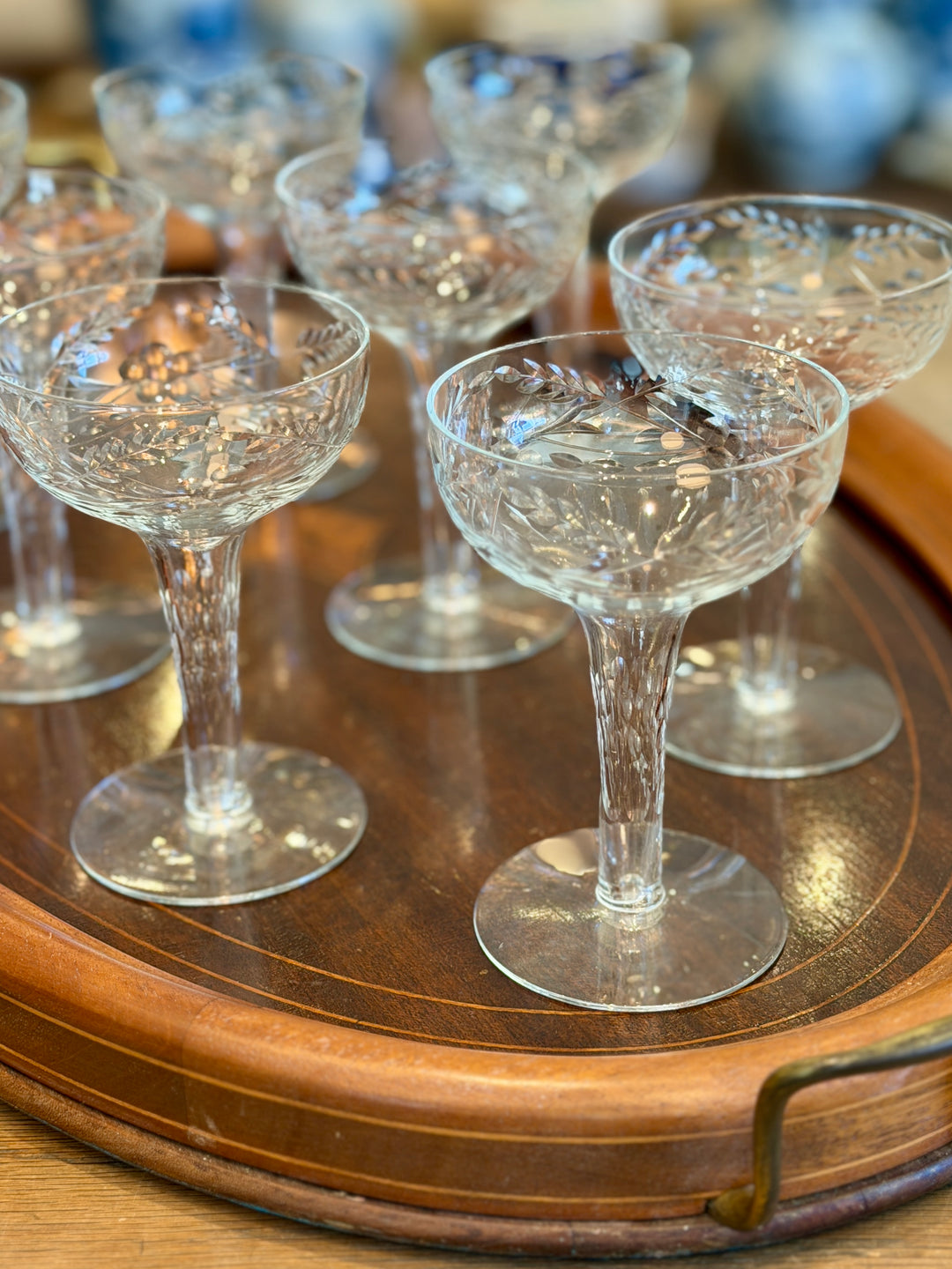 Antique Etched Crystal Champagne Coupes w/ Hollow Stems | Set of 8
