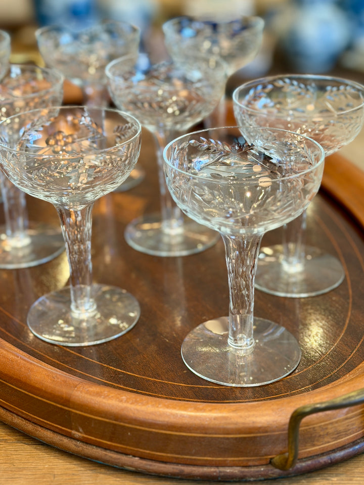 Antique Etched Crystal Champagne Coupes w/ Hollow Stems | Set of 8