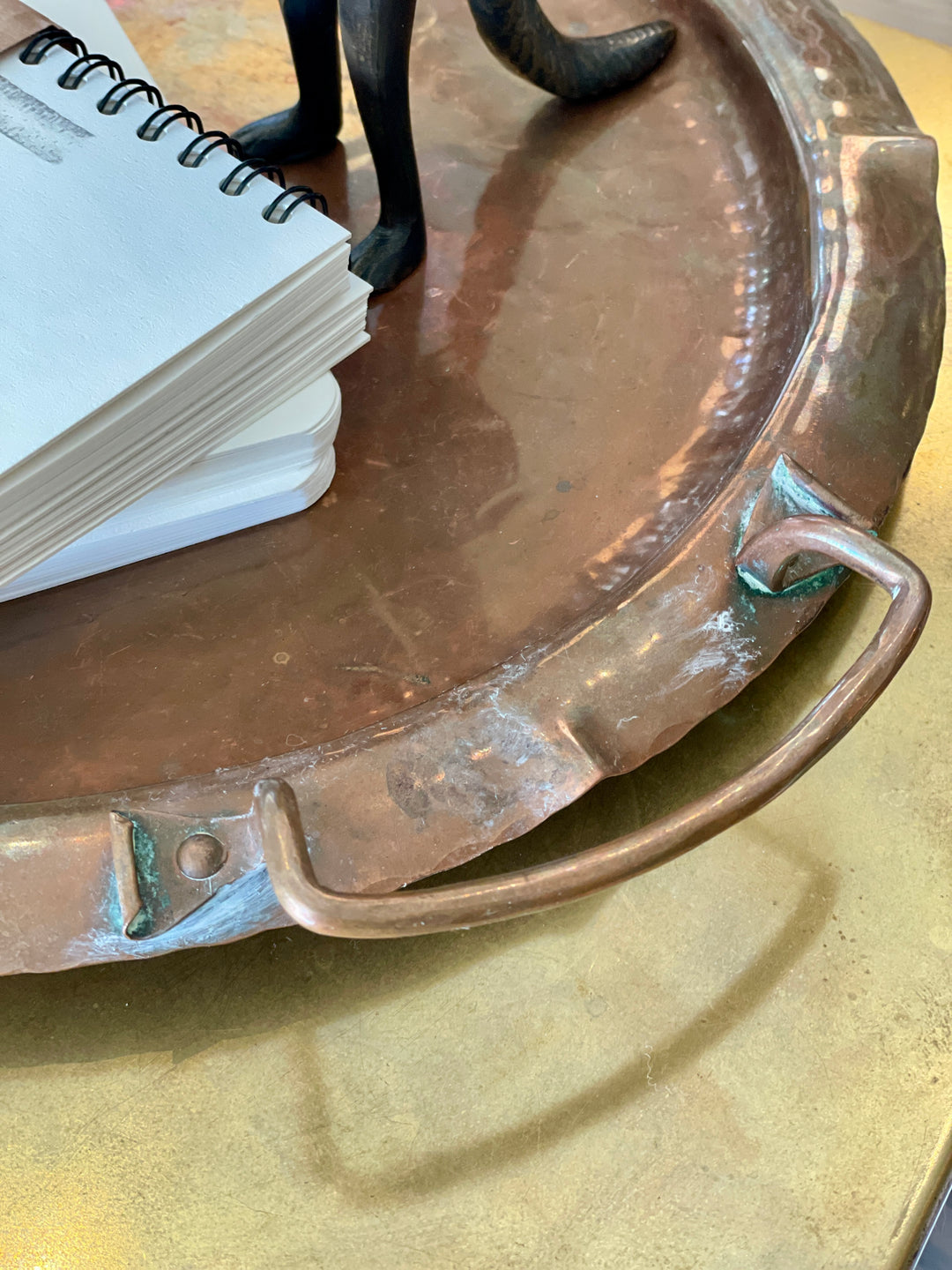 Vintage Handmade + Hammered Copper Tray w/Rolled Edge + Handles