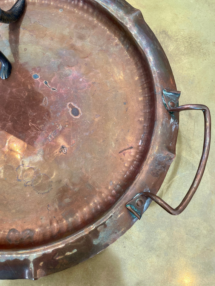 Vintage Handmade + Hammered Copper Tray w/Rolled Edge + Handles
