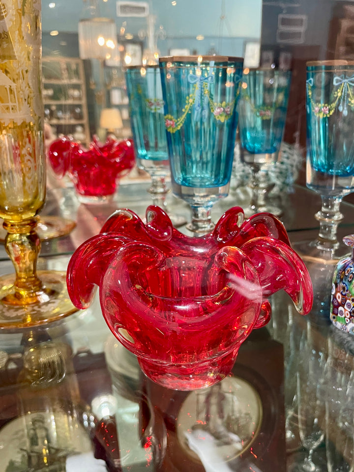 Vintage Hand Blown Red Glass Candy Dish with a Petal Rim