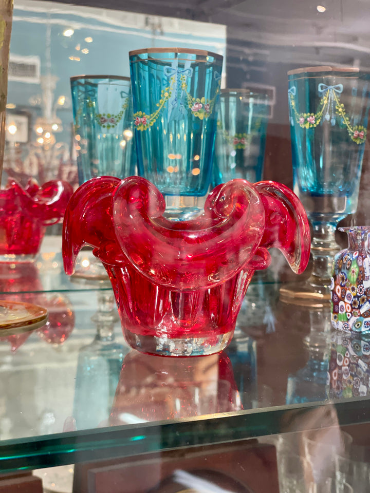 Vintage Hand Blown Red Glass Candy Dish with a Petal Rim