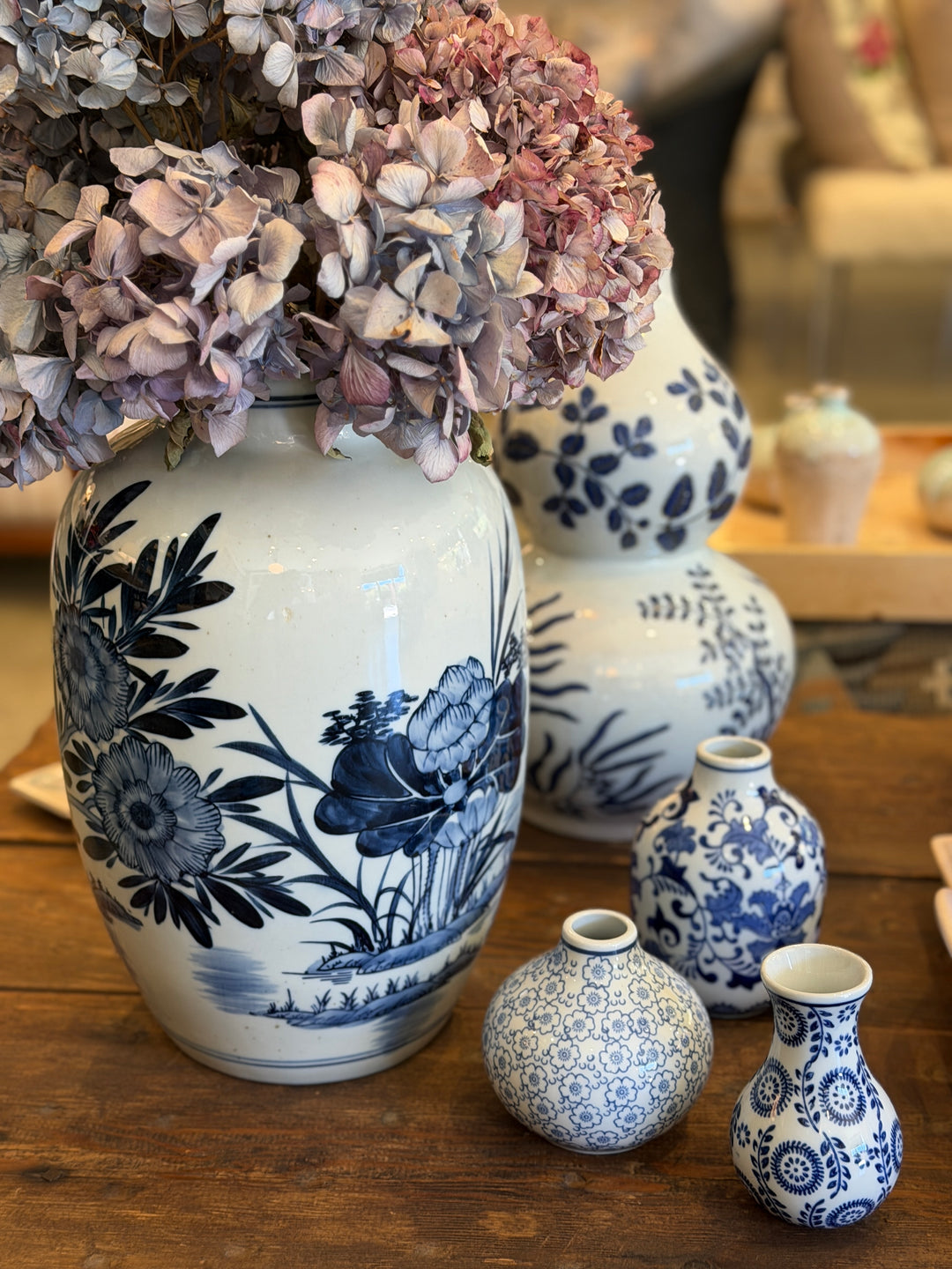 Hand-Painted Stoneware Vase w/ Blue + White Floral Motif