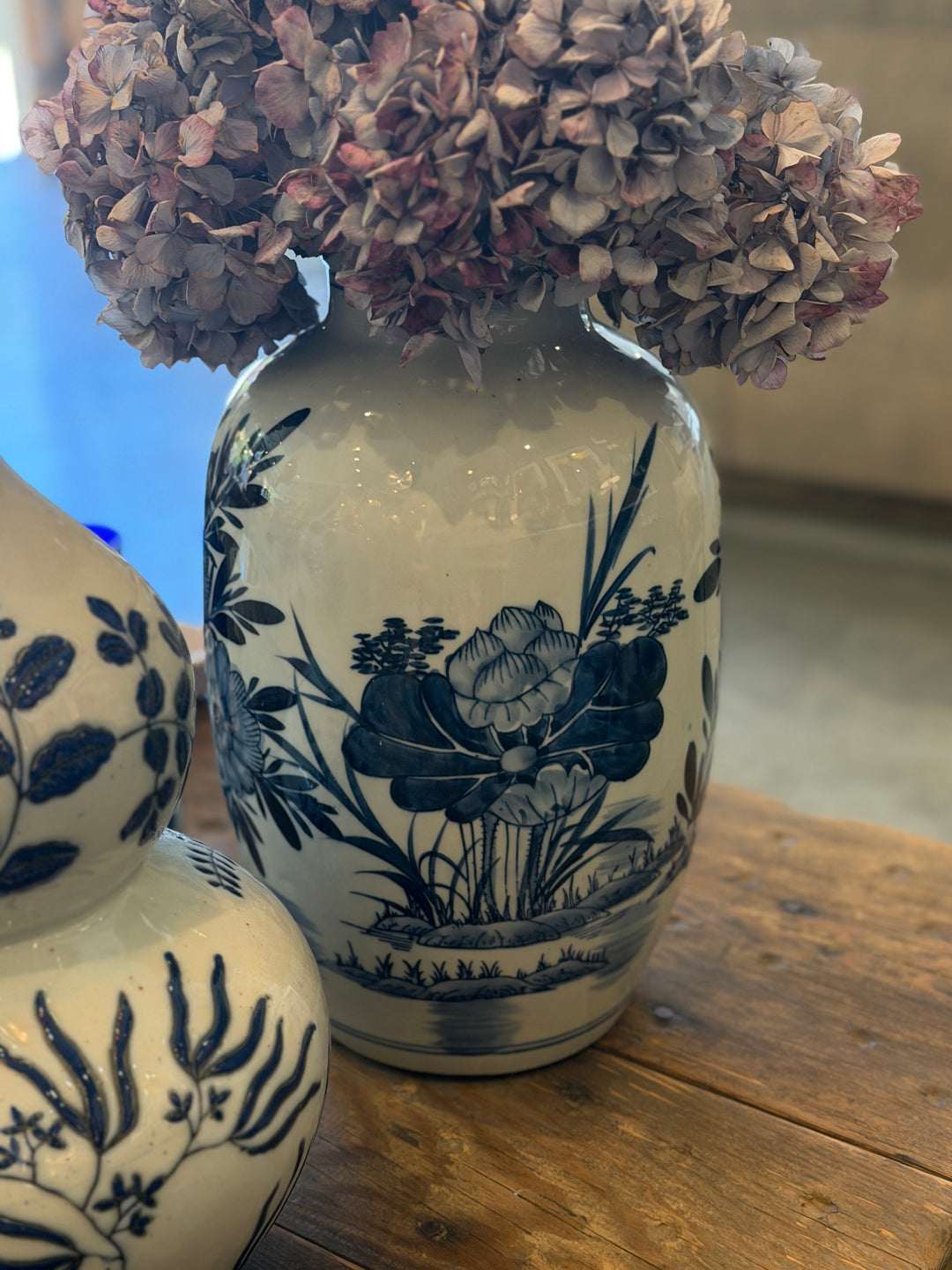 Hand-Painted Stoneware Vase w/ Blue + White Floral Motif