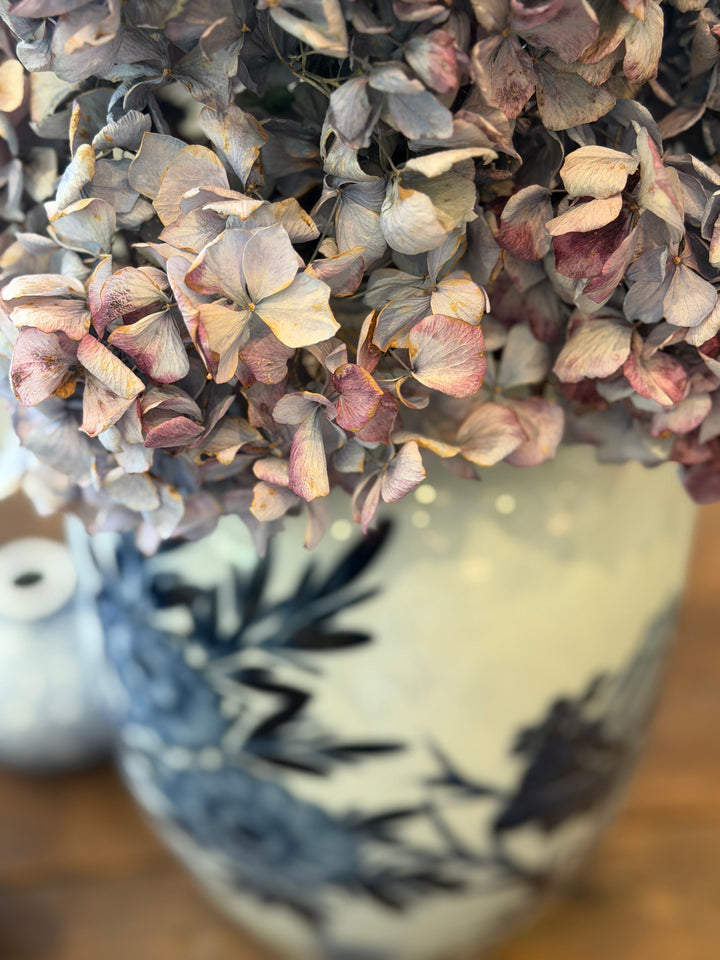 Hand-Painted Stoneware Vase w/ Blue + White Floral Motif