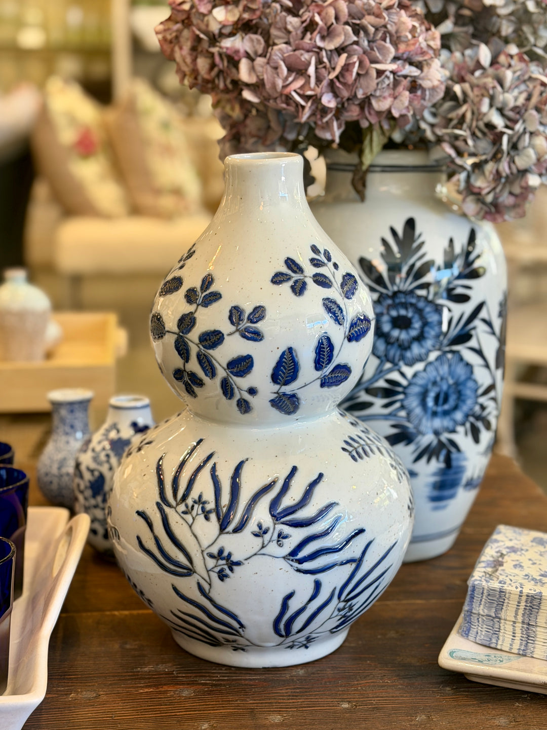 Hand-Painted Stoneware Gourd Shaped Vase w/ Blue + White Botanical Patterns