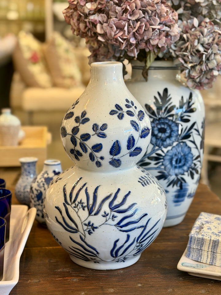 Hand-Painted Stoneware Gourd Shaped Vase w/ Blue + White Botanical Patterns