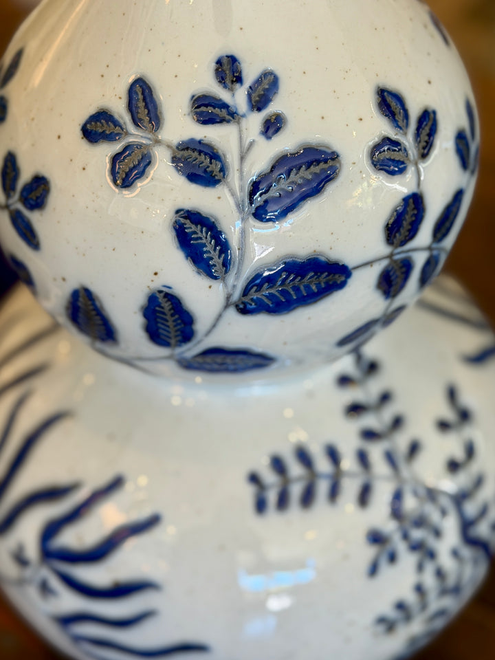 Hand-Painted Stoneware Gourd Shaped Vase w/ Blue + White Botanical Patterns