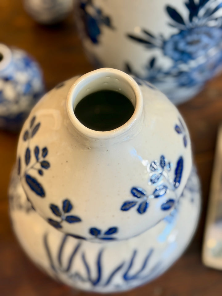 Hand-Painted Stoneware Gourd Shaped Vase w/ Blue + White Botanical Patterns