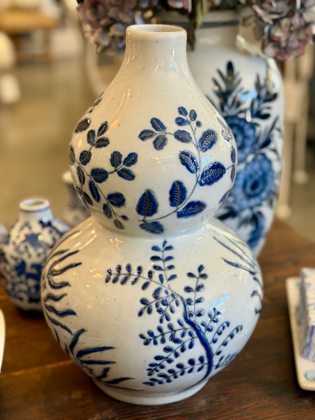 Hand-Painted Stoneware Gourd Shaped Vase w/ Blue + White Botanical Patterns