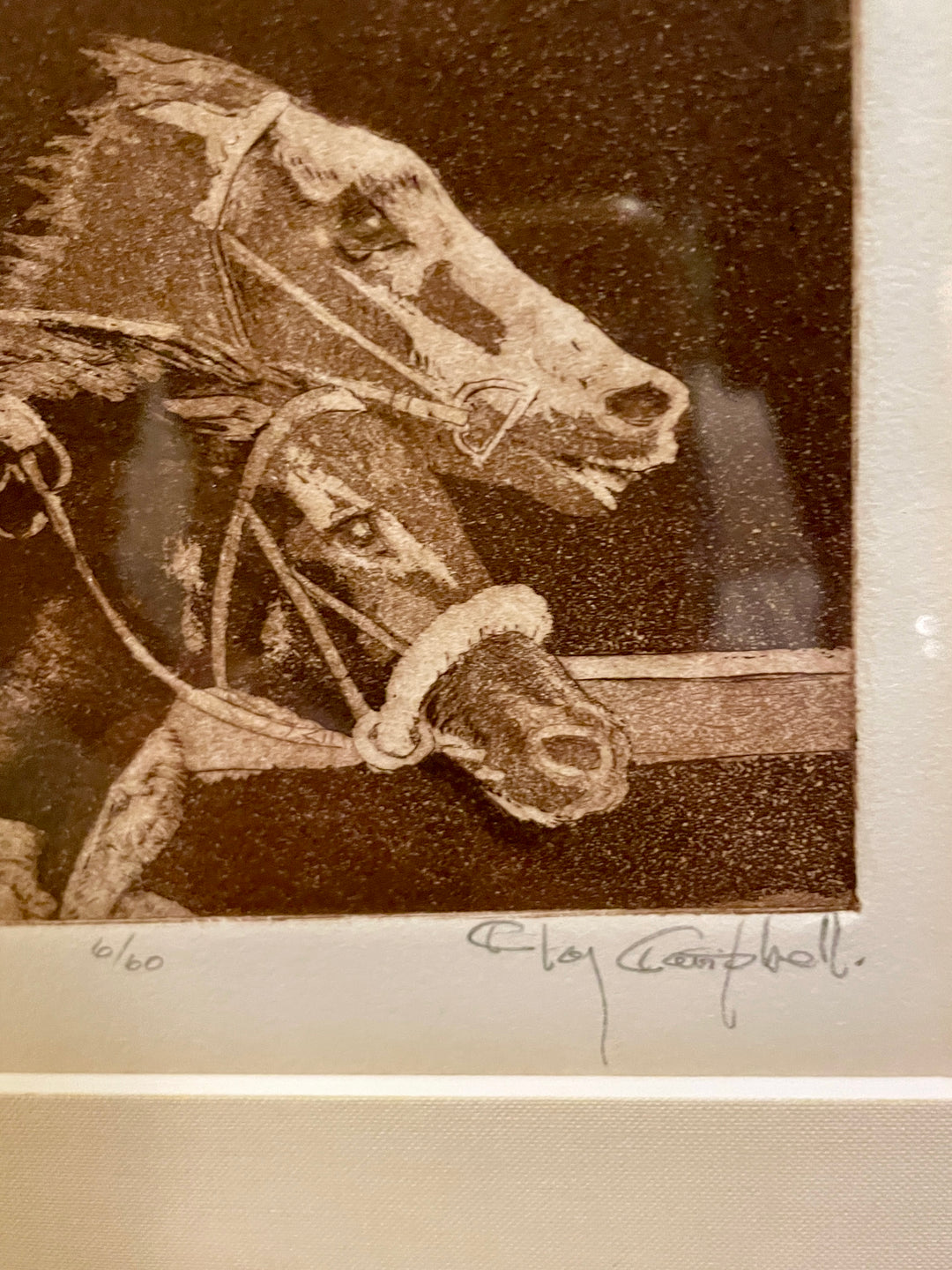 Vintage Sepia Etching of 2 Jockeys on Horseback 'Photo Finish, Signed by Artist