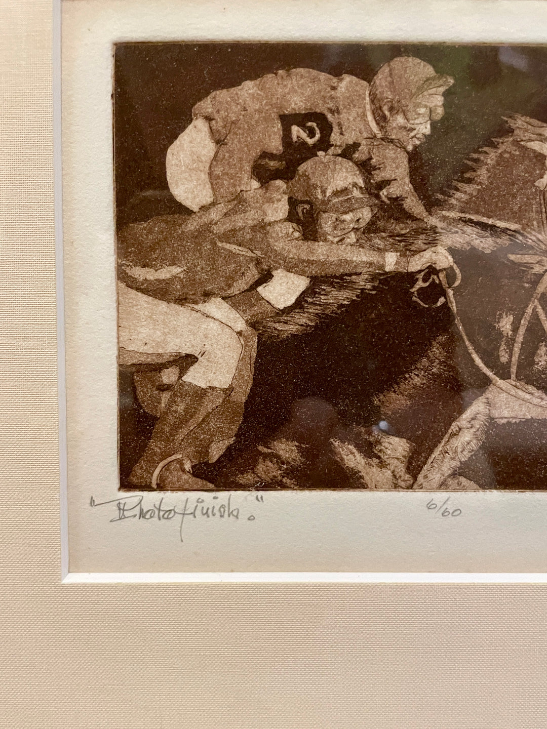 Vintage Sepia Etching of 2 Jockeys on Horseback 'Photo Finish, Signed by Artist