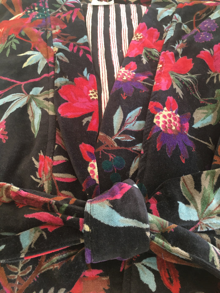 Custom Hand Printed Cotton Velvet Robe | Black Turquoise Leaf