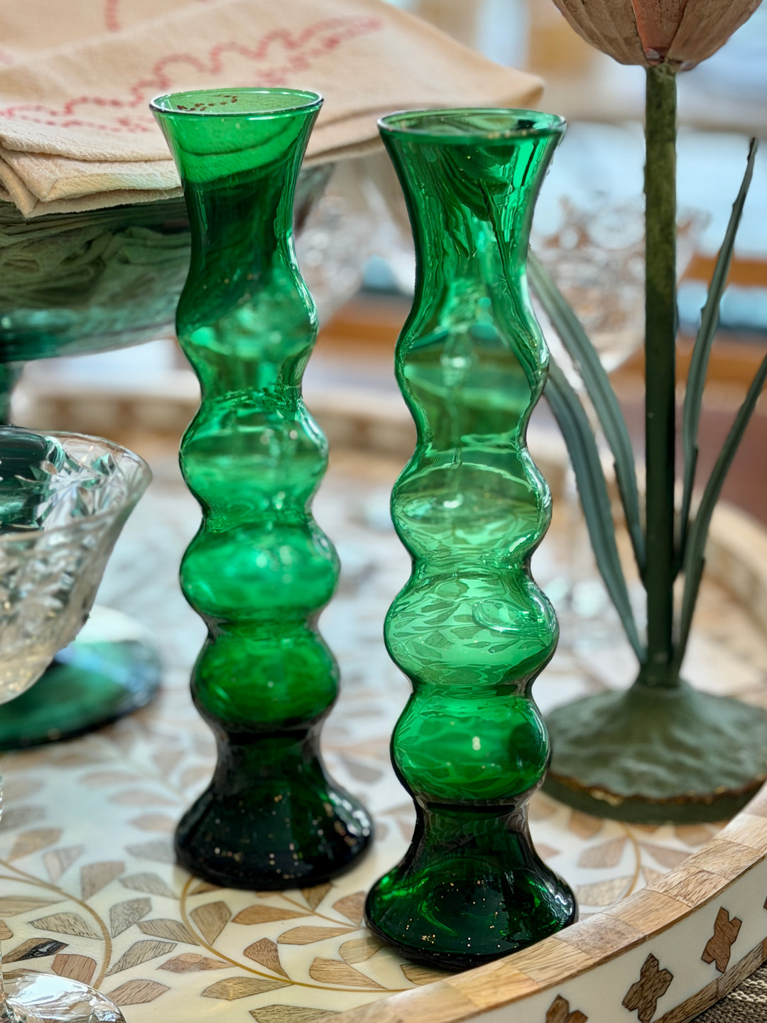 Vintage Green Glass Bud Vases, Italy | Pair