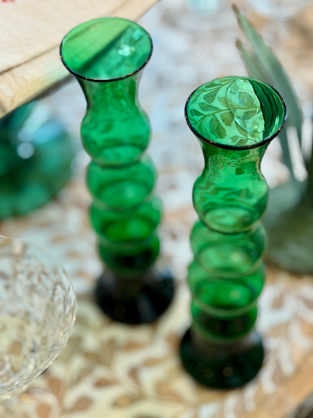 Vintage Green Glass Bud Vases, Italy | Pair
