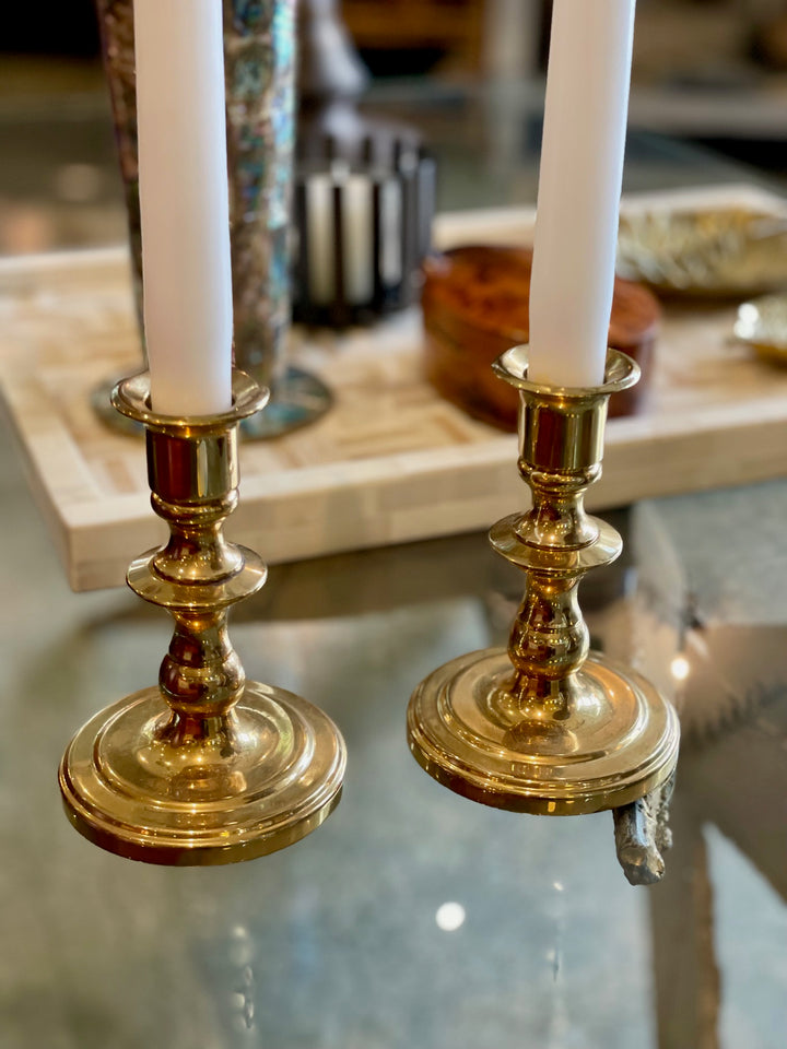 Vintage Short Turned Brass Candlesticks, Newly Polished | Pair