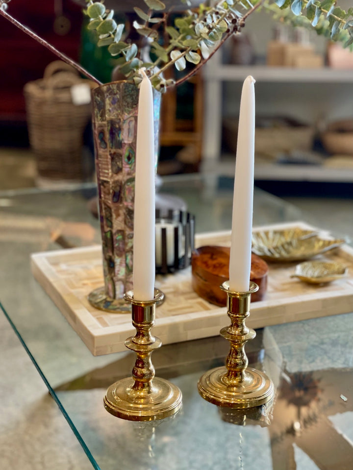 Vintage Short Turned Brass Candlesticks, Newly Polished | Pair