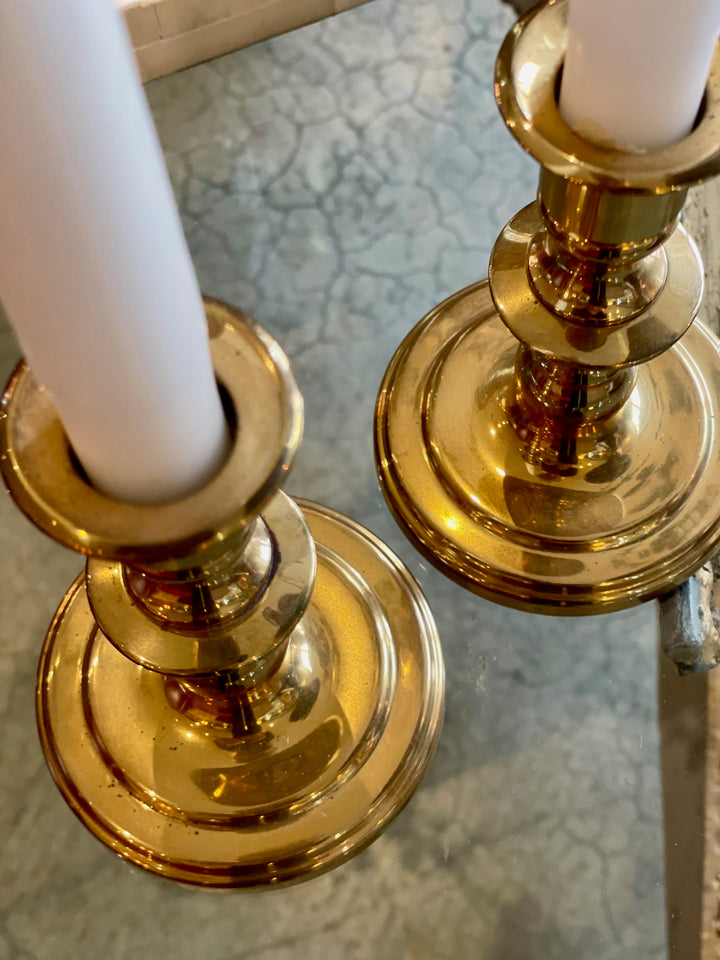 Vintage Short Turned Brass Candlesticks, Newly Polished | Pair