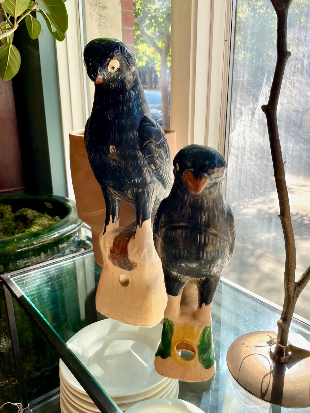 Reproduction Large Chinese Parrot Roof Tiles with Indigo Glaze | Pair