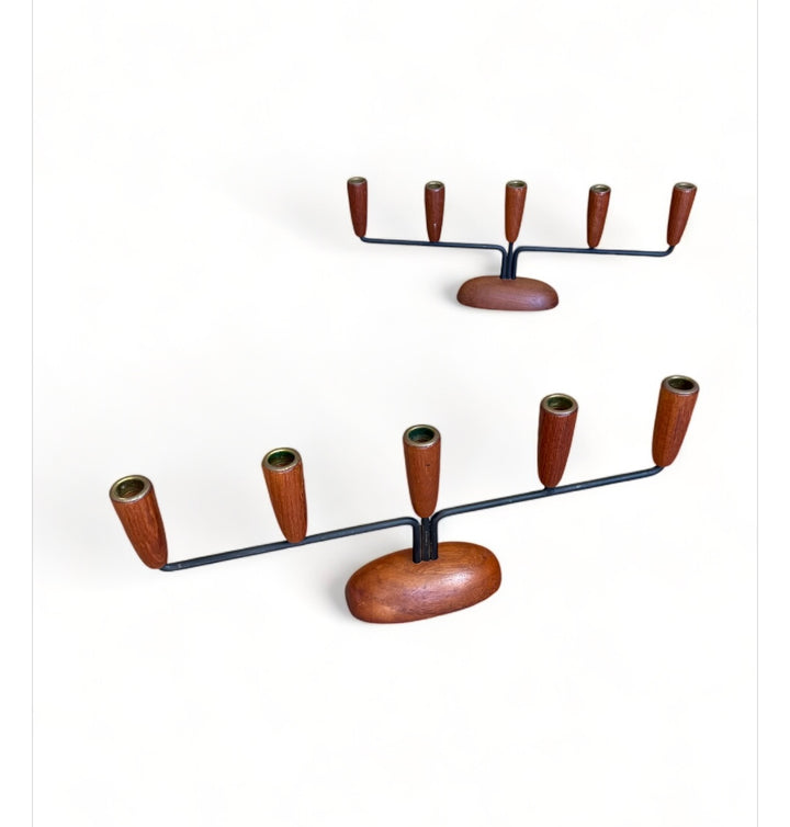 Vintage Mid-Century Danish Teak + Iron Candelabras | Pair