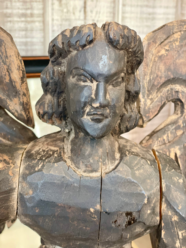 Antique Hand Carved Wood Standing Angel Statue