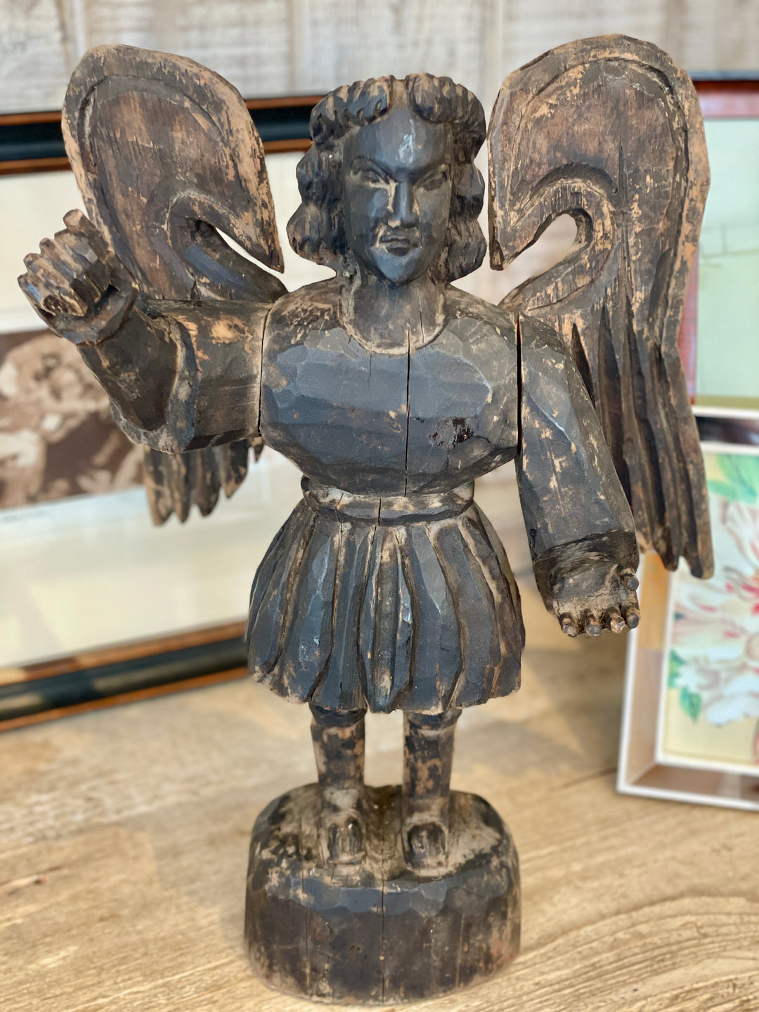 Antique Hand Carved Wood Standing Angel Statue