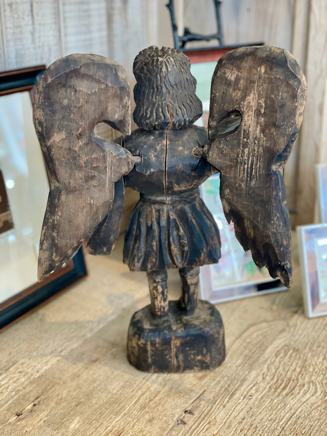 Antique Hand Carved Wood Standing Angel Statue