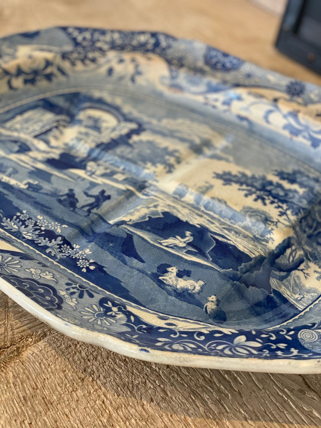 Rare Antique English Spode Blue + White Transferware Meat Platter, Circa 1820