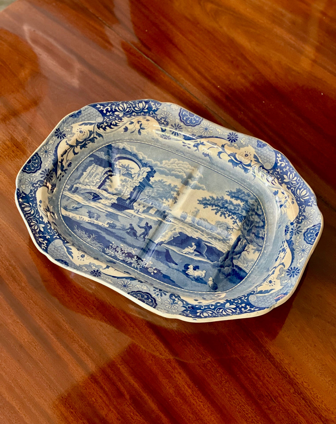 Rare Antique English Spode Blue + White Transferware Meat Platter, Circa 1820