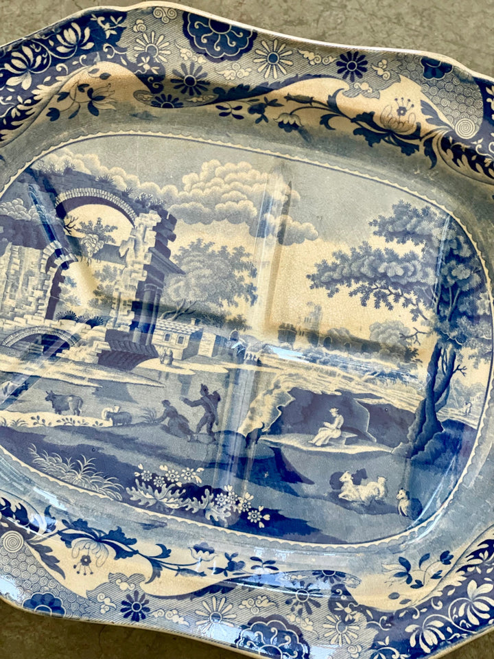 Rare Antique English Spode Blue + White Transferware Meat Platter, Circa 1820