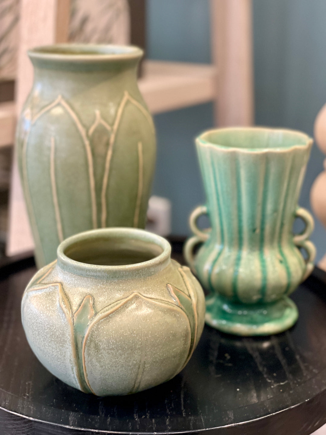 Vintage Arts + Crafts Matte Green Glaze Round Vase w/Leaf Relief Design, Signed by Artist