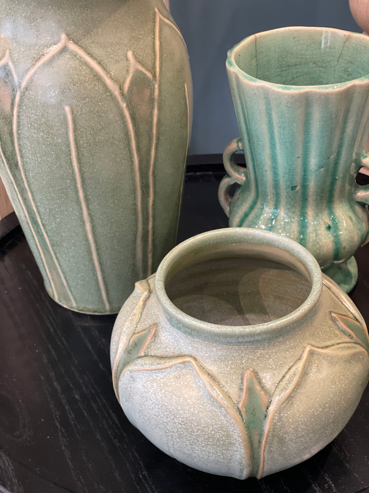 Vintage Arts + Crafts Matte Green Glaze Vase w/Leaf Relief Design, Signed by Artist