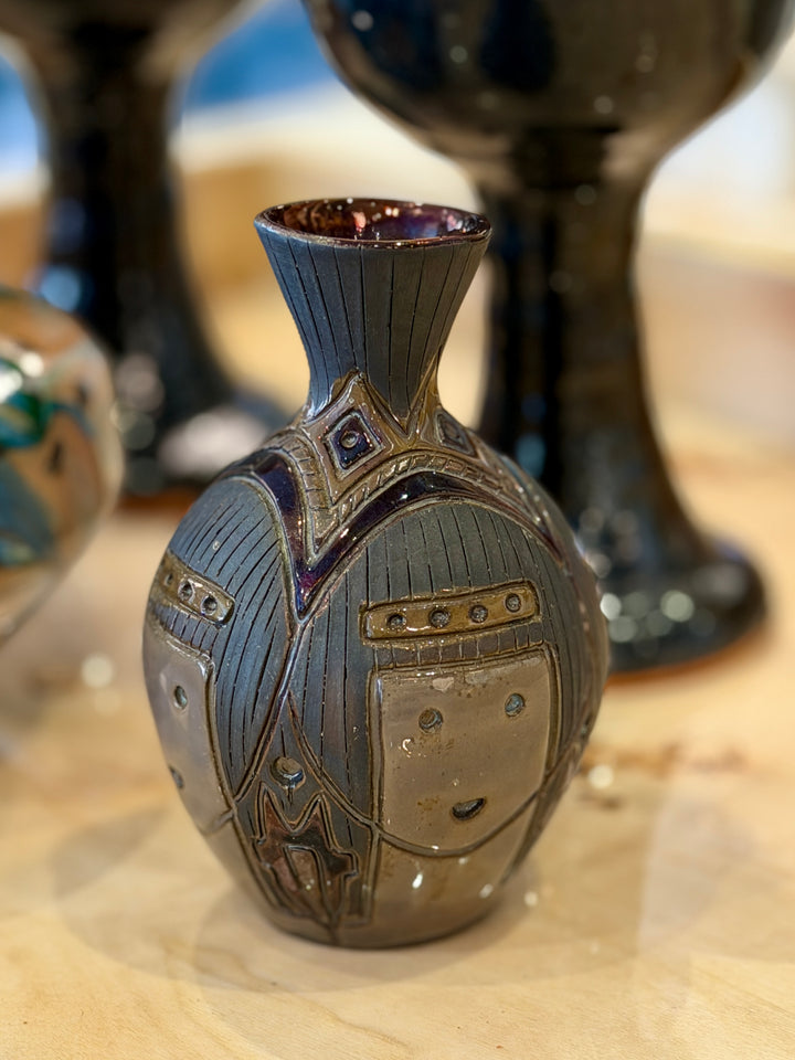Vintage Egyptian Pottery Vase with Faces