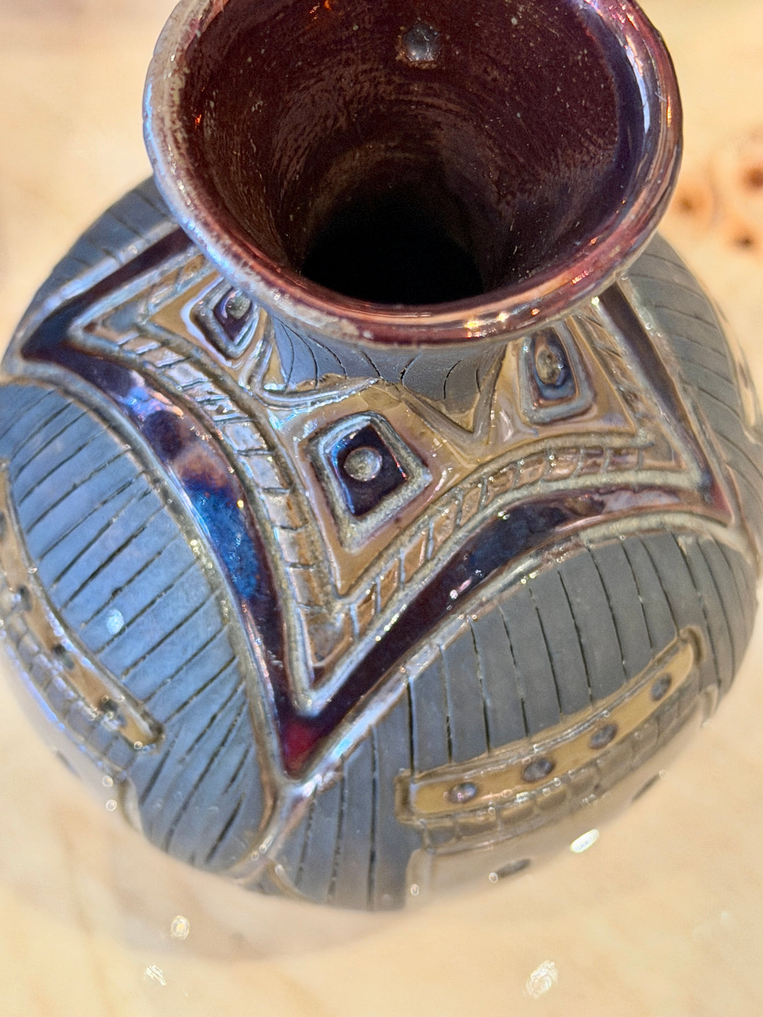 Vintage Egyptian Pottery Vase with Faces