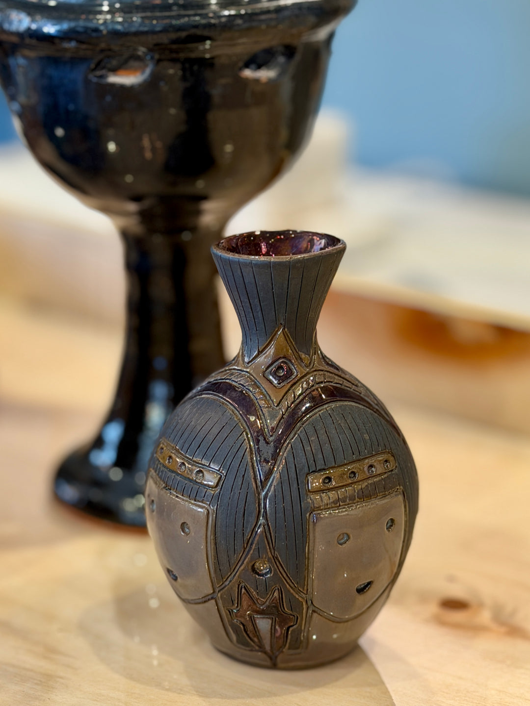 Vintage Egyptian Pottery Vase with Faces