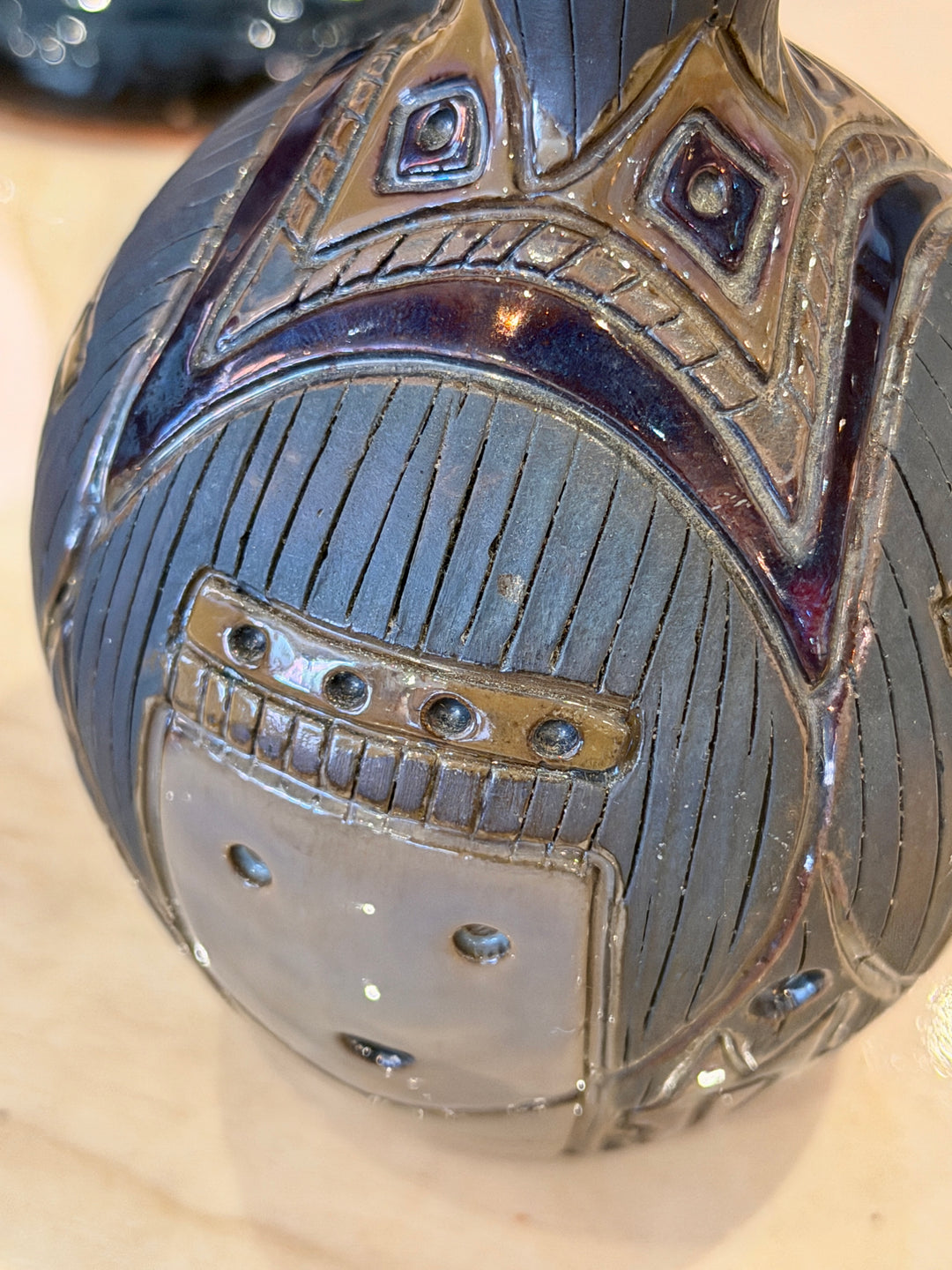 Vintage Egyptian Pottery Vase with Faces