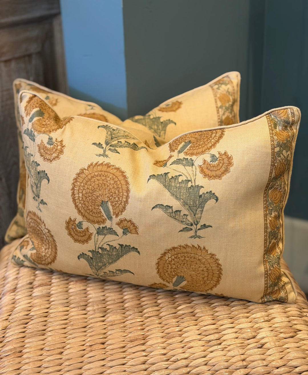Custom 12" x 18" Pillow in a Michael Smith Jasper Block Printed Linen, Indian Flower