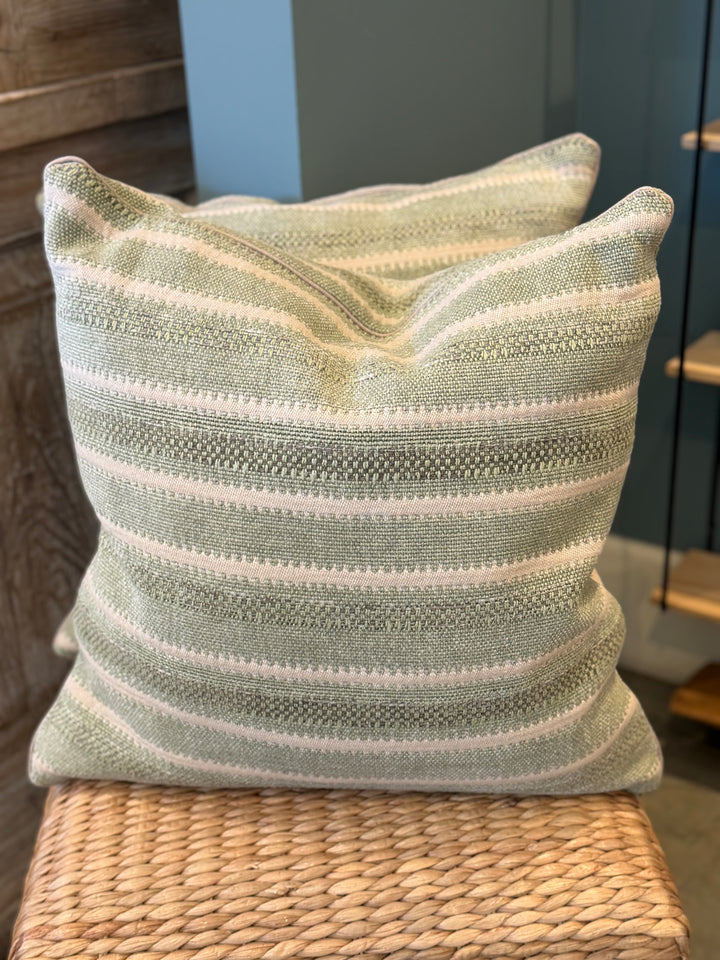 Custom 21" x 21" Pillow in a Woven Green + Flax Striped Linen/ Cotton
