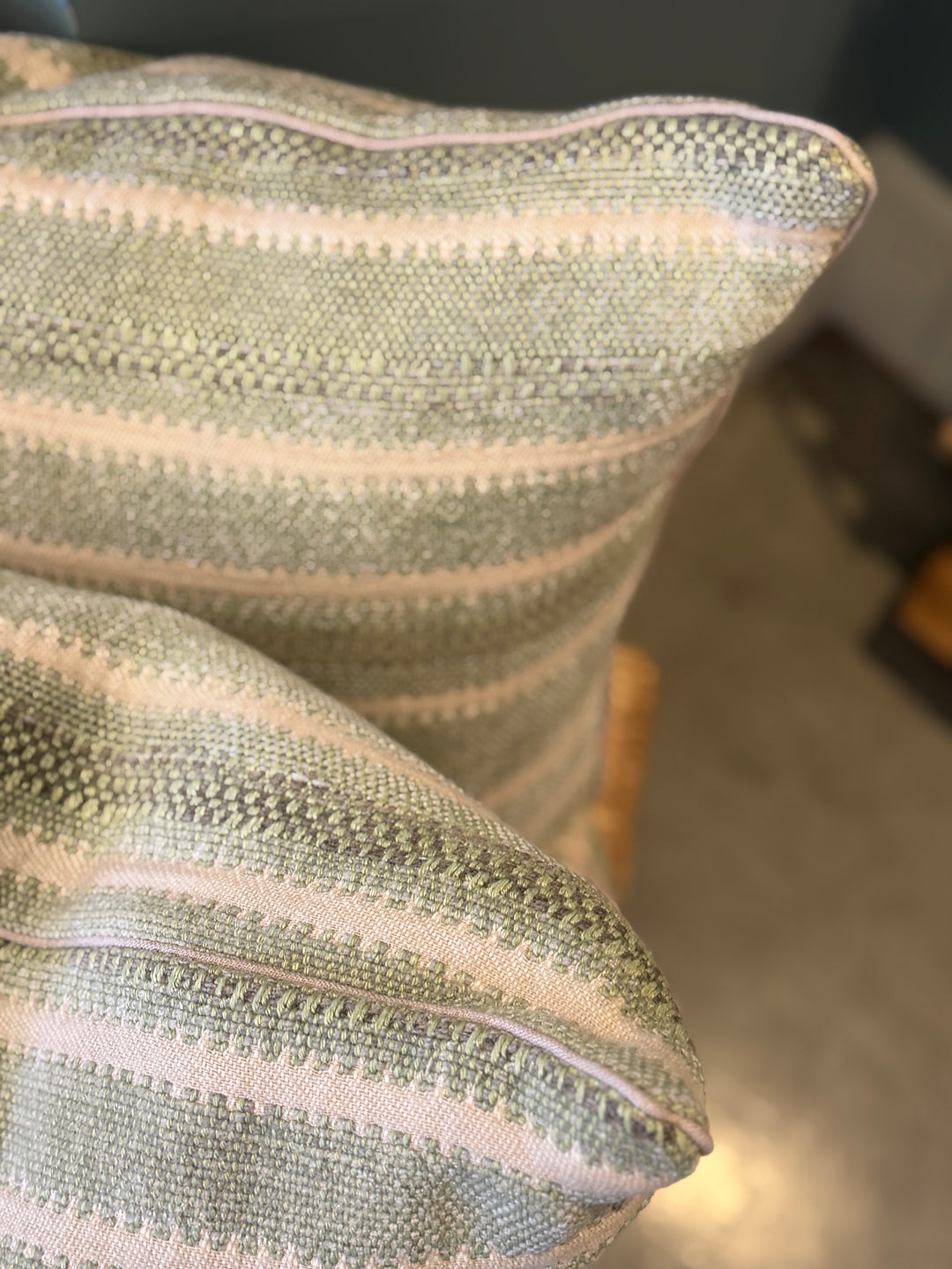 Custom 21" x 21" Pillow in a Woven Green + Flax Striped Linen/ Cotton