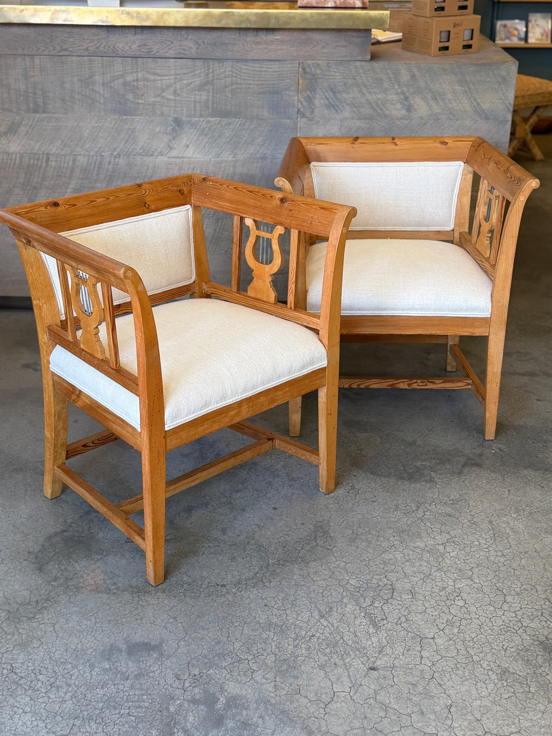 Vintage Pine Biedermeier Style Arm Chairs| Pair